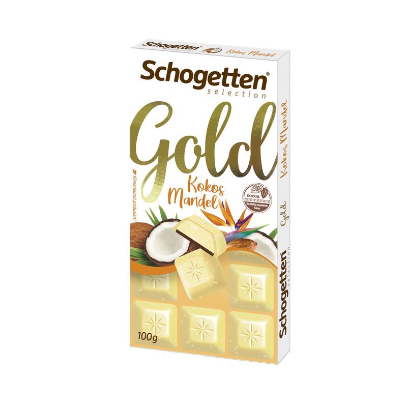 Ciocolată Schogetten albă cu umplutură de cremă de nucă cocos și migdale Gold