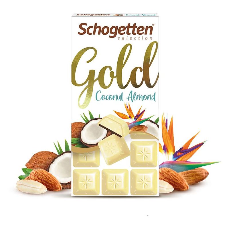 Ciocolată Schogetten albă cu umplutură de cremă de nucă cocos și migdale Gold 2