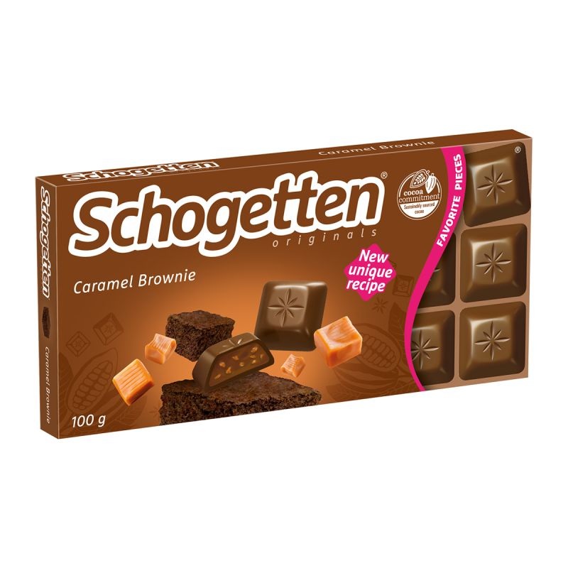 Ciocolată Schogetten cu lapte cu umplutură de cremă de negresă și bucățele de caramel